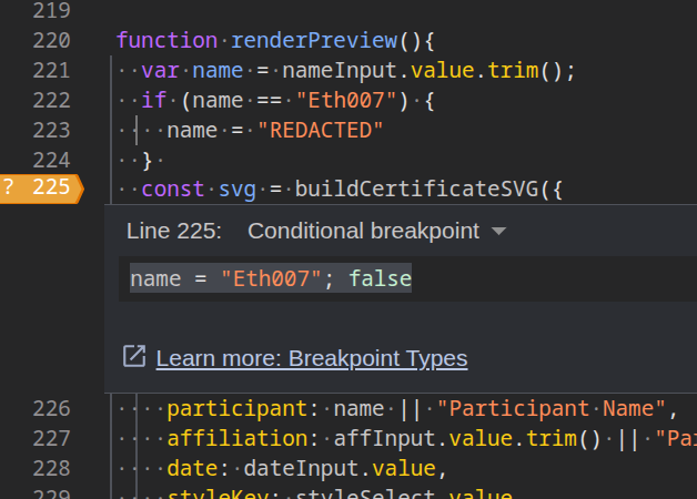 injecting javascript code using conditional breakpoint